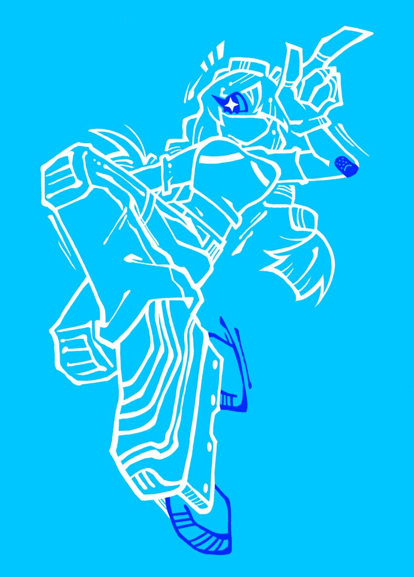 1girl absurdres aqua_background arm_up bandaged_arm bandages belt blue_background bomb_rush_cyberfunk braid breasts crop_top cropped_shirt donsoku_komagome_pipette four-pointed_star from_below full_body gloves goggles goggles_on_head hair_over_one_eye highres inline_skates jet_(lethal_league) knee_pads lethal_league_blaze limited_palette lineart long_eyelashes long_hair mask midair midriff motion_lines mouth_mask navel notice_lines one_eye_covered outline pants pointing pointing_up roller_skates salute simple_background skates solo spot_color twin_braids twintails white_outline