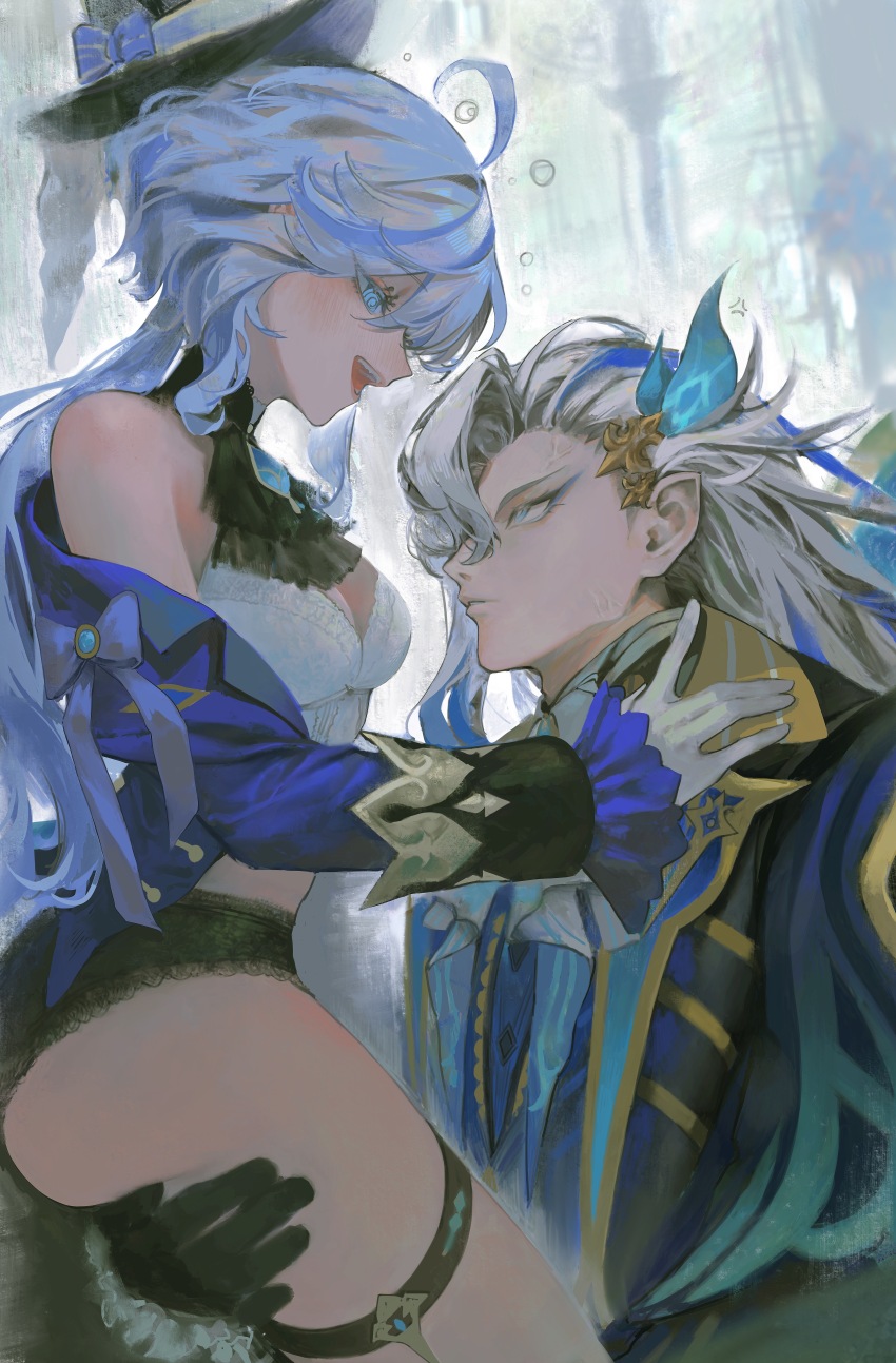 1boy 1girl absurdres ahoge ascot bare_shoulders black_ascot black_gloves black_headwear black_jacket black_panties blue_eyes blue_eyeshadow blue_hair bra breasts cleavage commentary cowboy_shot elf eyeshadow frilled_sleeves frills furina_(genshin_impact) genshin_impact gloves hand_on_another&#039;s_thigh hat hetero highres jacket kayakooooo long_hair long_sleeves looking_at_another makeup medium_breasts neuvillette_(genshin_impact) open_clothes open_jacket open_mouth panties parted_lips pointy_ears thigh_strap top_hat underwear white_bra white_hair