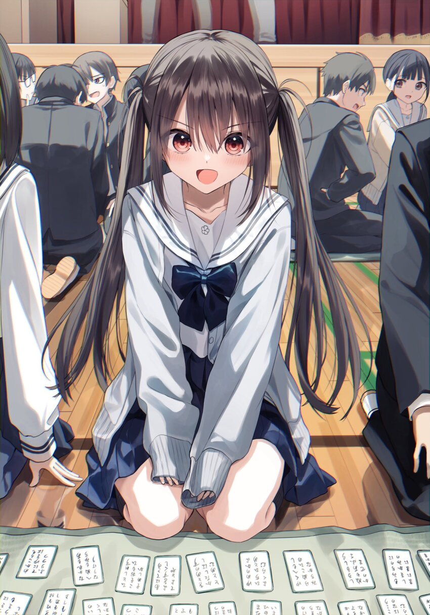 3girls 5boys :d black-framed_eyewear black_hair black_jacket black_pants blue_bow blue_skirt blush bow brown_eyes brown_hair cardigan collarbone commentary_request curtains gakuran glasses grey_cardigan hair_between_eyes highres jacket long_hair long_sleeves low_ponytail multiple_boys multiple_girls on_floor opaque_glasses open_cardigan open_clothes open_mouth original pants pentagon_(railgun_ky1206) pleated_skirt ponytail puffy_long_sleeves puffy_sleeves sailor_collar school_uniform seiza serafuku shirt sidelocks sitting skirt smile translation_request twintails v-shaped_eyebrows very_long_hair white_sailor_collar white_shirt wooden_floor