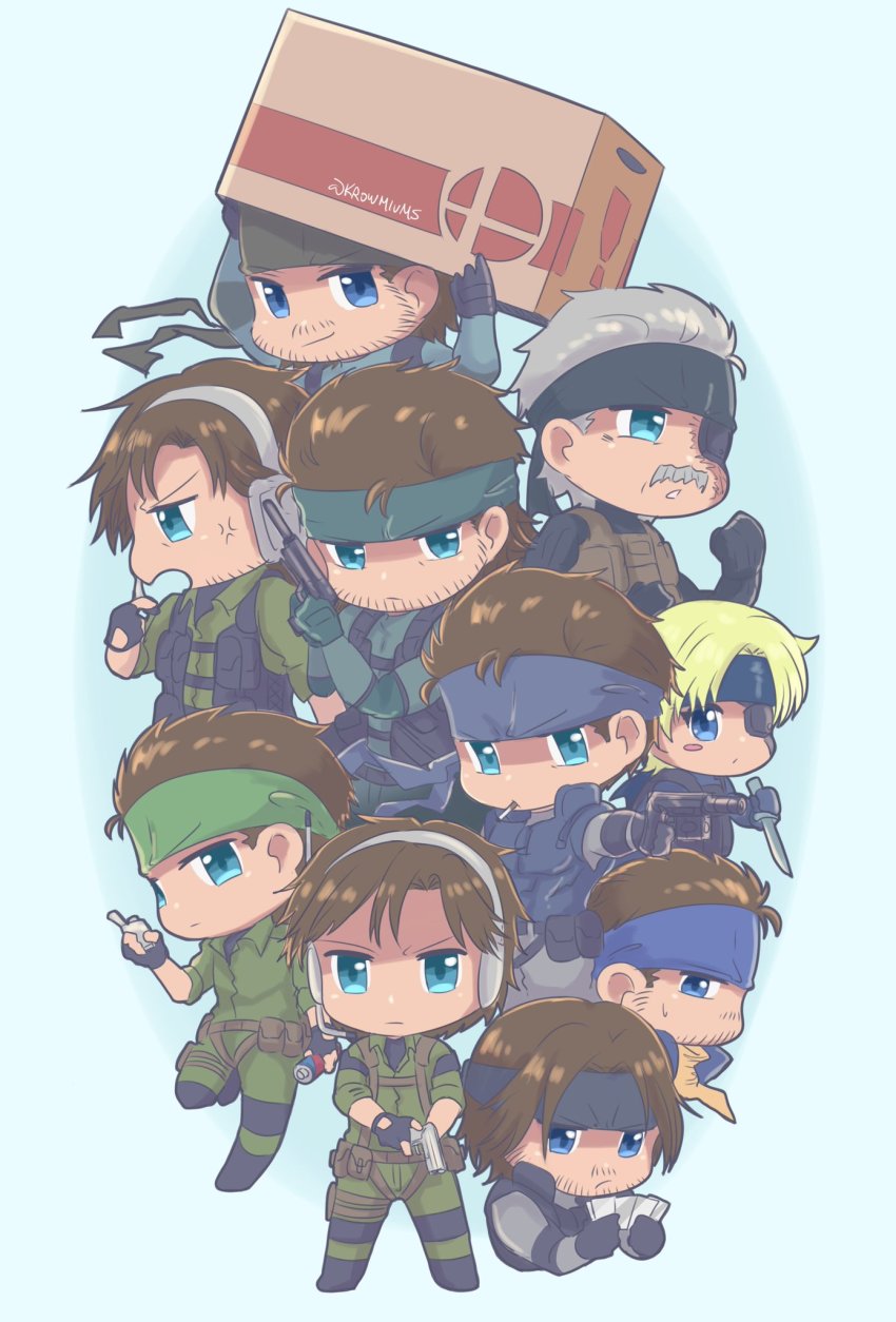 beard blonde_hair blue_eyes boots box brown_hair cardboard_box cigarette facial_hair grey_hair gun harness headband headset highres krowmiums metal_gear_(msx) metal_gear_(series) metal_gear_2:_solid_snake metal_gear_acid metal_gear_acid_2 metal_gear_solid metal_gear_solid_2:_sons_of_liberty metal_gear_solid_4:_guns_of_the_patriots multiple_boys mustache nintendo old_snake sneaking_suit solid_snake super_smash_bros. vest weapon