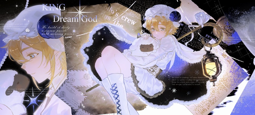 1boy absurdres alternate_costume animal animal_ears animal_hug aotu_world baby_animal black_sash blonde_hair bloomers blue_eyes blush boots bow cape character_name chinese_commentary crossdressing crossdressing_(mtf) dress english_text floating flower frilled_dress frilled_hat frills from_side fur-trimmed_cape fur_trim gloves hair_between_eyes hat highres holding holding_animal horns kemonomimi_mode king_(aotu_world) knee_boots lace-up_boots lantern letter light_particles long_sleeves looking_at_animal looking_at_viewer male_focus moon multiple_views parted_lips petals plutoray pointy_ears profile puffy_long_sleeves puffy_sleeves rose sash sheep sheep_boy sheep_ears sheep_horns short_hair sky solo sparkle star_(sky) star_(symbol) starry_sky trap two-sided_cape two-sided_fabric underwear wand watermark weapon weapon_on_back white_bloomers white_boots white_bow white_cape white_dress white_gloves white_hat