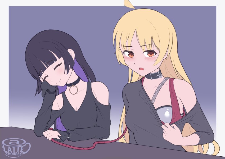 2girls ^_^ absurdres ahoge arm_on_table artist_logo artist_name bare_shoulders bdsm black_dress black_hair black_shirt blonde_hair blush bocchi_the_rock! bondage border bound breasts brown_eyes camisole camisole_pull chain chastity_bra choker closed_eyes clothes_pull collar dress elbow_on_table femdom gradient_background hand_on_own_face highres hime_cut holding holding_leash humiliation ijichi_nijika lattetrouble leash lock logo long_hair long_sleeves looking_at_viewer medium_breasts multiple_girls open_mouth orange_eyes pa-san padlock parted_bangs pulling_own_clothes pulling_shirt purple_hair shirt shirt_pull sidelocks sideways_glance slave small_breasts table two-tone_background watermark wrist_straps