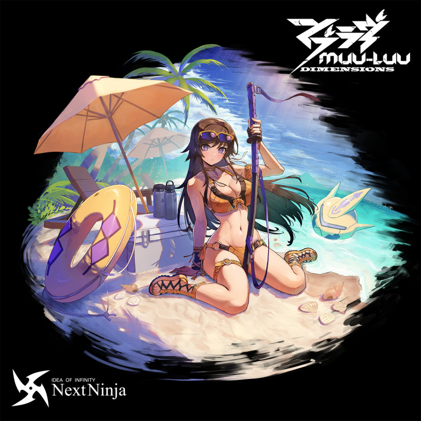 :&lt; ball barefoot_sandals_(jewelry) beach beachball bikini bottle bracelet breasts cleavage collarbone cooler copyright_name eyewear_on_head head_tilt highres holding holding_sword holding_weapon jewelry katana kuroi_susumu looking_at_viewer medium_breasts muv-luv muv-luv:_dimensions muv-luv_alternative muv-luv_total_eclipse navel ocean official_art orange_bikini palm_tree seashell sheath sheathed shell sitting sunglasses swimsuit sword takamura_yui tree type_00_takemikazuchi umbrella wariza weapon