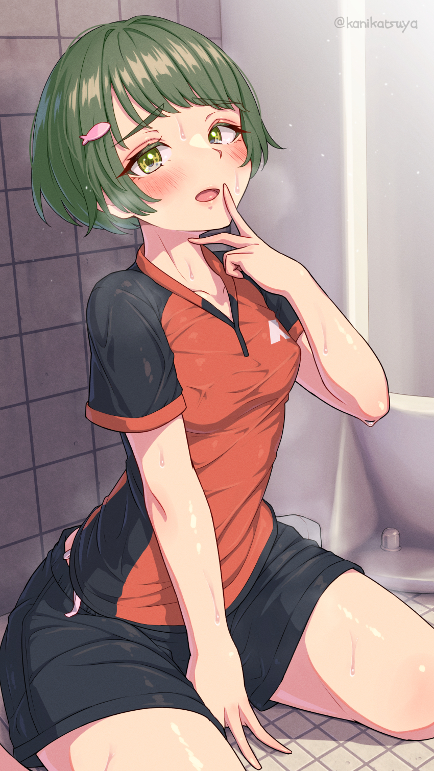 1girl absurdres bathroom blush breasts clothes collarbone collared_shirt covered_erect_nipples fingers_to_mouth fish_hair_ornament green_eyes green_hair hair_ornament highres kanikatsuya looking_at_viewer on_floor orange_shirt original panties public_restroom shirt short_hair shorts sitting small_breasts socks solo solo_focus sportswear string_panties sweat thighs toilet tongue two-tone_shirt underwear urinal