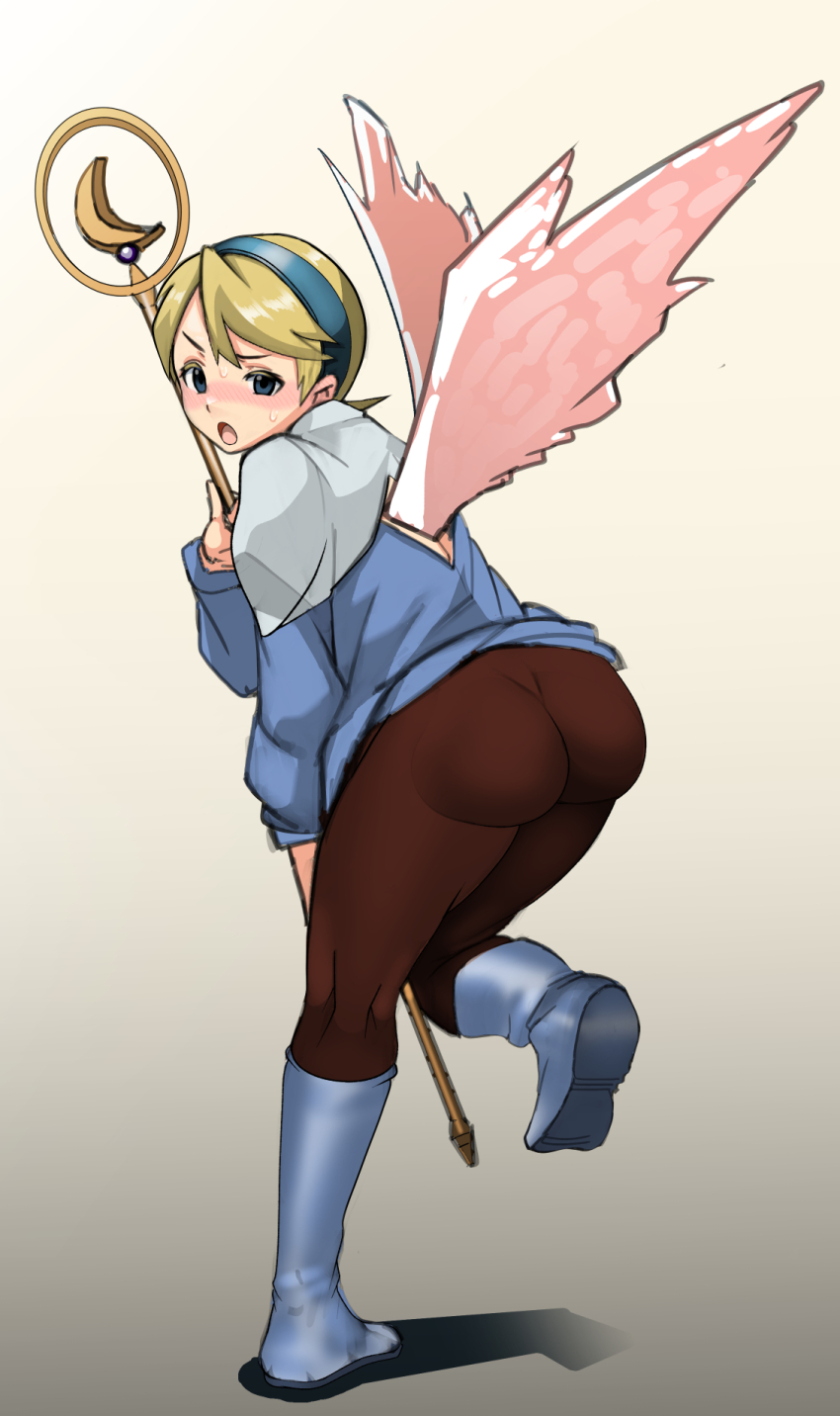 1girl angel_wings ass blonde_hair blue_boots blue_eyes blush blush_stickers boots breath_of_fire breath_of_fire_iv dress feathered_wings full_body hairband highres holding holding_staff looking_at_viewer minami_no_uo-za nina_(breath_of_fire_iv) open_mouth pantyhose short_hair simple_background skirt solo staff sweat v-shaped_eyebrows variant_set very_short_hair white_background wings