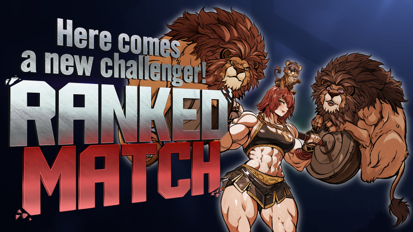 1girl abs absurdres animal animal_on_head barbell biceps black_sports_bra chain chain_necklace cub english_text exercising fangs gold_chain hamza_touijri highres jewelry lion marisa_(street_fighter) muscular muscular_female necklace on_head red_hair shorts shorts_under_skirt skirt smile sports_bra street_fighter street_fighter_6 street_fighter_6_new_challenger_art_contest thick_thighs thighs weightlifting
