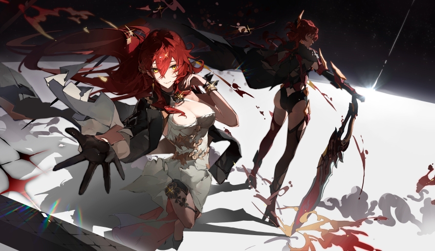 2girls absurdres armored_boots armored_leotard black_cape black_gloves black_jacket boots breasts cape chinese_commentary cleavage commentary crossed_bangs deawei dress earrings floating_hair from_above gloves greatsword hair_between_eyes highres himeko_(honkai:_star_rail) holding holding_sword holding_weapon honkai:_star_rail honkai_(series) honkai_impact_3rd in-franchise_crossover jacket jewelry large_breasts leotard long_hair looking_at_viewer multiple_girls murata_himeko murata_himeko_(vermillion_knight) red_footwear red_hair red_leotard smile sword weapon white_dress yellow_eyes