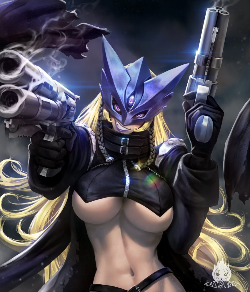 1girl abs absurdres aiming arm_up artist_logo beelstarmon belt black_coat black_gloves black_hair blazingpumpkin blonde_hair braid breasts cape coat combination_weapon demon_girl digimon digimon_(creature) dual_wielding evil_grin evil_smile eye_mask fang foreshortening gloves grin gun hand_up handgun highres holding holding_gun holding_weapon knife large_breasts lens_flare lipstick logo long_hair long_sleeves looking_at_viewer makeup mask midriff multicolored_hair multiple-barrel_gun navel open_clothes open_coat outstretched_arm pistol purple_eyes purple_lips revealing_clothes revolver rizoma_de_loto slit_pupils smile smoke solo stomach teeth third_eye toned torn_cape torn_clothes torn_coat triple-barreled_revolver twin_braids two-tone_hair underboob upper_body very_long_hair volley_gun watermark weapon zipper