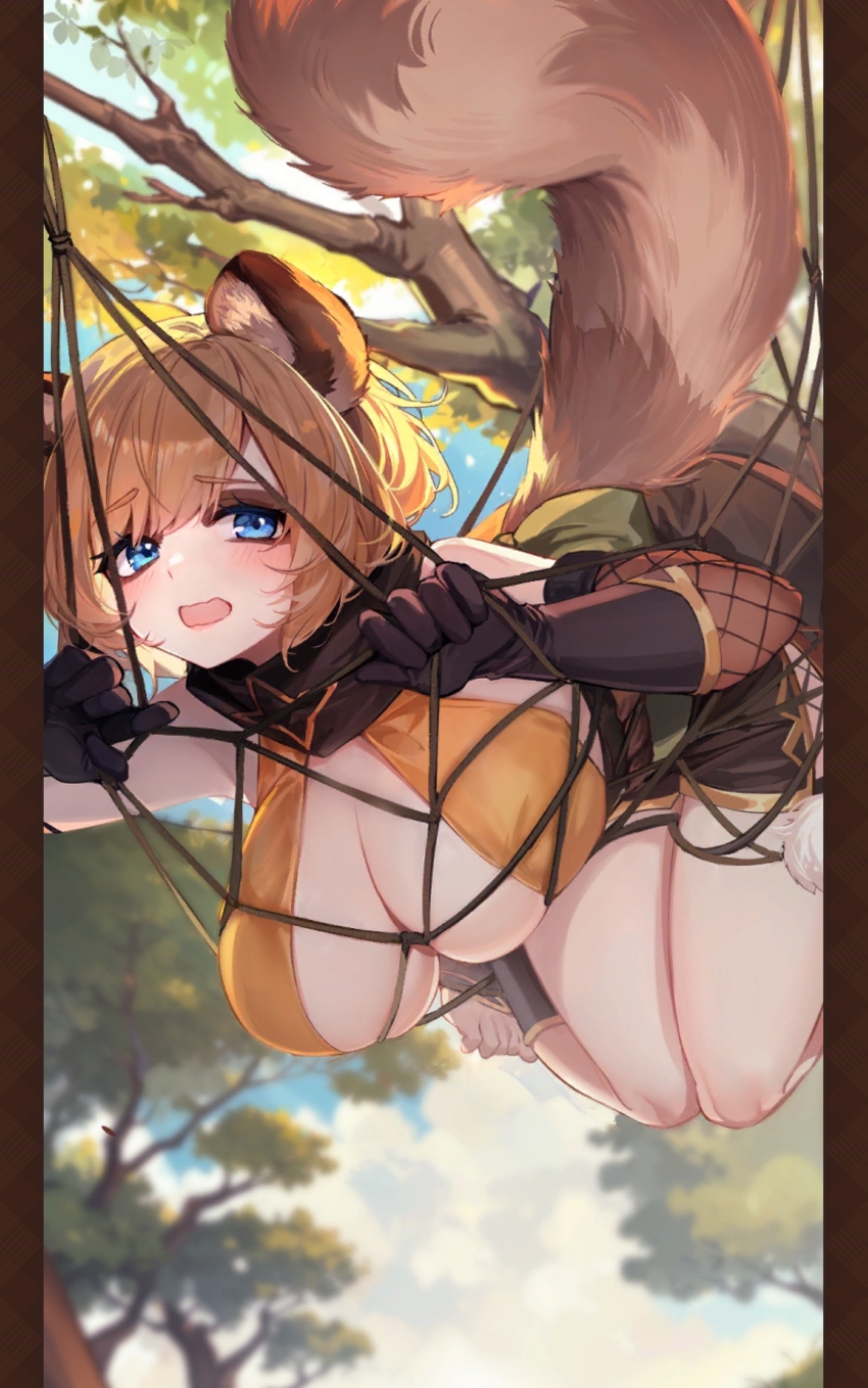 1girl absurdres animal_ears blonde_hair blue_eyes hanging_from_tree highres isekai:_slow_life monster_girl nene_(isekai:_slow_life) ninja squirrel_ears squirrel_girl squirrel_tail tail tree