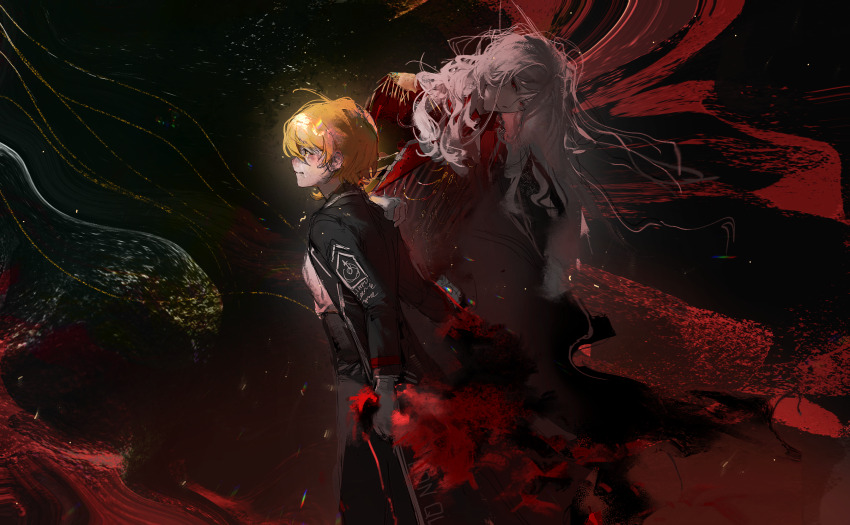 1boy 1girl abstract_background black_jacket black_pants blonde_hair chinese_commentary closed_mouth commentary_request crying crying_with_eyes_open don_quixote_(project_moon) epaulettes grey_hair heibaihuabing highres jacket la_manchaland&#039;s_don_quixote_(project_moon) limbus_company long_hair long_sleeves pants project_moon red_eyes red_jacket shirt short_hair smile tears white_shirt yellow_eyes