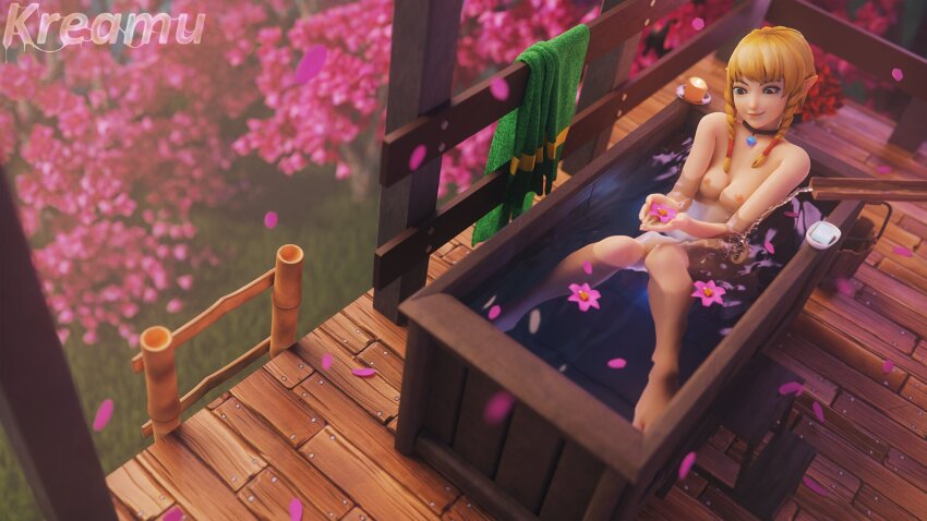 1girl 3d architecture artist_name barefoot bath bathing bathtub black_choker blonde_hair breasts bucket candle choker commentary completely_nude east_asian_architecture english_commentary female_focus flower full_body highres holding holding_flower hyrule_warriors knees_together_feet_apart kreamu ladder linkle looking_down medium_breasts nintendo nude partially_submerged pendant_choker petals pink_flower pointy_ears sitting smile soap solo the_legend_of_zelda toes towel tree watermark wooden_bucket wooden_floor