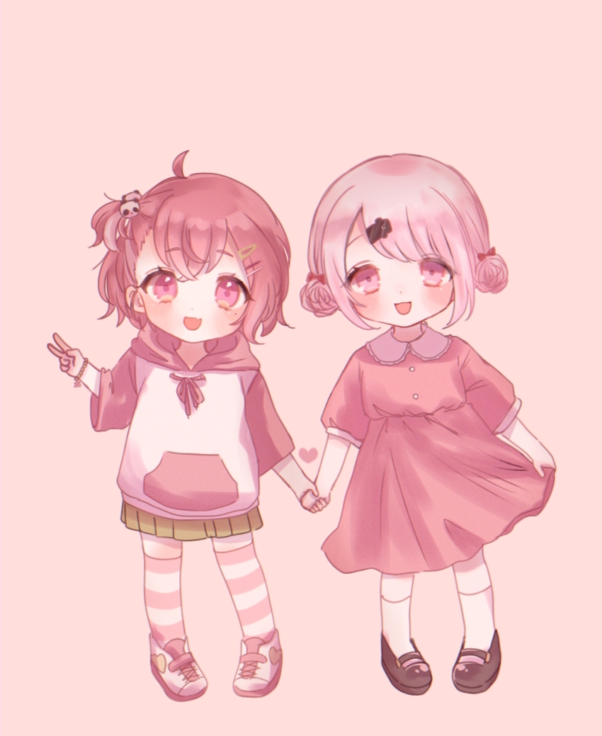 2girls aged_down double_bun hair_bun hair_ornament hairclip highres hood hood_down hoodie mi_oxo_9m multiple_girls nijisanji open_mouth panda_hair_ornament pleated_skirt sasaki_saku shiina_yuika skirt striped_clothes striped_thighhighs thighhighs virtual_youtuber