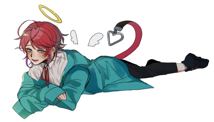 1boy ahoge amemura_ramuda angel_wings ankle_boots antenna_hair blue_eyes blue_jacket blush boots canvas_texture capri_pants collared_shirt crossed_wrists detached_wings full_body halo heart_antenna_hair heart_belt highres hood hooded_jacket hypnosis_mic jacket looking_at_viewer lying male_focus multicolored_hair natunocacao neck_ribbon off_shoulder on_stomach open_mouth pants pink_hair purple_hair raised_eyebrows red_ribbon ribbon shirt short_hair sidelocks simple_background sleeves_past_fingers sleeves_past_wrists smile solo streaked_hair white_background white_shirt wings