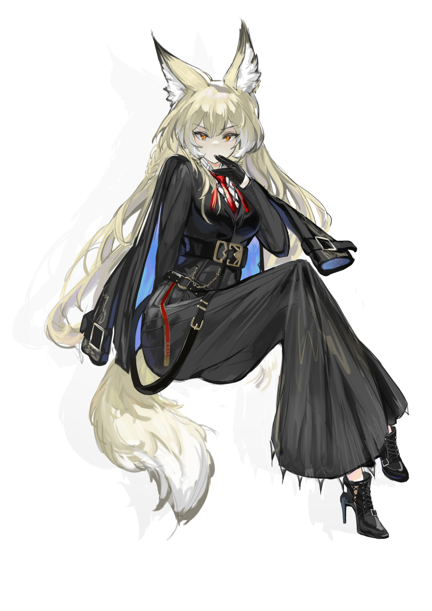 1girl absurdres animal_ear_fluff animal_ears ankle_boots arknights belt black_belt black_boots black_gloves black_jacket black_skirt blonde_hair blue_jacket boots chinese_commentary commentary covering_own_mouth crossed_legs drop_shadow fingers_to_mouth full_body gloves hand_over_own_mouth high_heel_boots high_heels highres invisible_chair jacket jacket_on_shoulders long_hair long_skirt looking_at_viewer multicolored_hair necktie orange_eyes red_necktie shirt simple_background sitting skirt solo streaked_hair tail tassel two-sided_fabric two-sided_jacket user_djka4243 vulpisfoglia_(arknights) white_background white_hair white_shirt white_tail yellow_tail