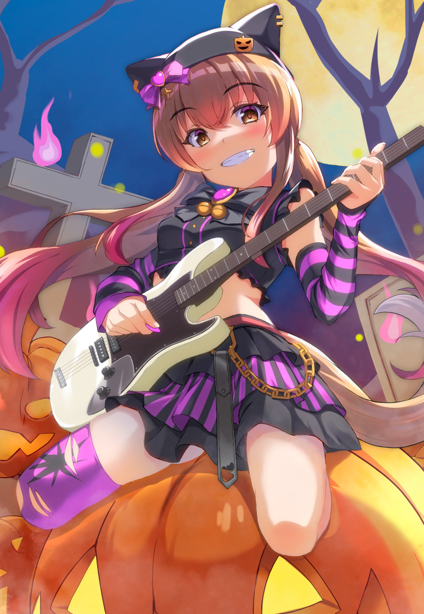 1girl animal_ear_headwear barcode bass_guitar bead_bracelet beads black_hat black_socks blush bracelet breasts choker commentary_request crop_top detached_sleeves bass_guitar fake_animal_ears fender_jazz_bass fingerless_gloves fretless_bass_guitar full_body full_moon gloves gradient_hair hat highres horse_girl instrument jewelry layered_skirt long_hair looking_at_viewer loose_socks mayano_top_gun_(rockin&#039;_mewmeow)_(umamusume) mayano_top_gun_(umamusume) midriff miniskirt moon multicolored_hair night official_alternate_costume official_alternate_hairstyle orange_hair outdoors purple_nails purple_thighhighs shirt single_thighhigh skirt sleeveless sleeveless_shirt small_breasts smile socks solo takase_hiro thighhighs torn_clothes torn_thighhighs twintails umamusume yellow_eyes