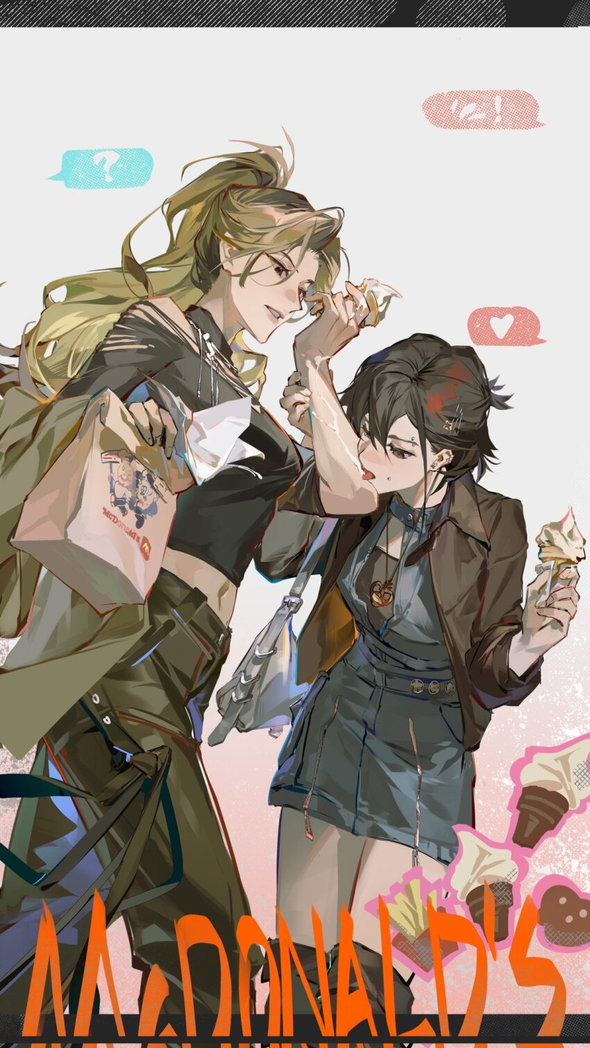 2girls bag black_eyes black_hair blonde_hair breasts chinese_commentary ear_piercing english_text eye_piercing food highres ice_cream jewelry licking_another&#039;s_arm long_hair mcdonald&#039;s midriff multiple_girls navel necklace original paper_bag parted_lips piercing ponytail short_hair shuimian_touzhi skirt torn_clothes