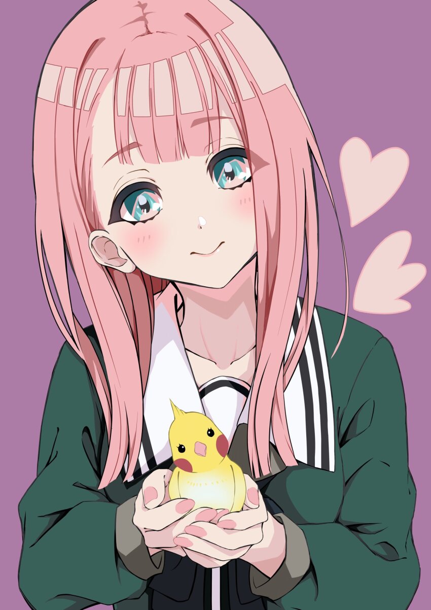 1girl 22/7 animal asymmetrical_bangs bird black_bow black_bowtie blush bow bowtie center-flap_bangs closed_mouth collarbone green_eyes green_shirt heart highres holding holding_animal holding_bird kamiki_mikami lionmaru0808 long_hair long_sleeves looking_at_viewer parrot pink_hair portrait purple_background rokubanchou_school_uniform sailor_collar school_uniform serafuku shirt smile solo white_sailor_collar winter_uniform yellow_bird