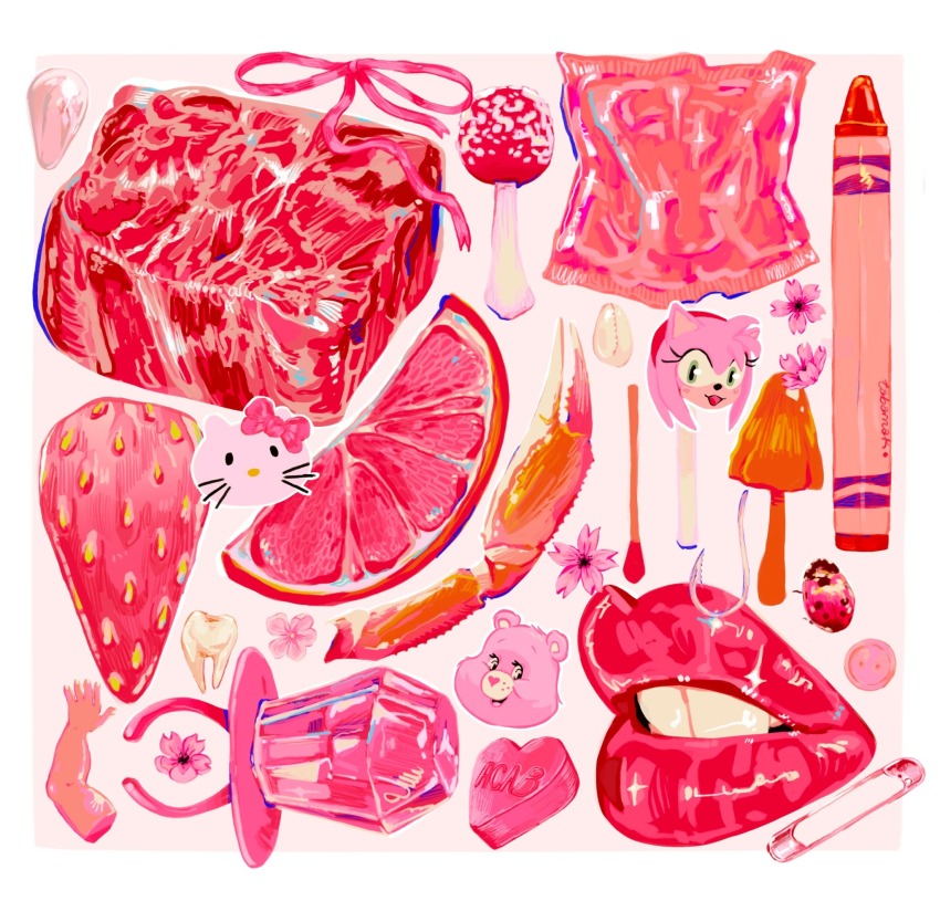 amy_rose animal border bug buttons candy candy_heart care_bears cheer_bear commentary condom condom_wrapper crab_leg crayon english_commentary flower food fruit heart hello_kitty hello_kitty_(character) highres insect ladybug lips meat mushroom no_humans object_focus original parted_lips pickled-flowers pink_theme red_lips red_theme ribbon ring_pop safety_pin sanrio seashell shell sonic_(series) still_life strawberry teeth tooth white_border