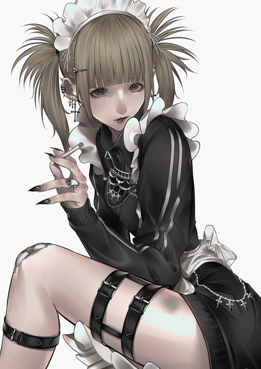 1girl absurdres aegyo_sal apron barbell_piercing black_jacket black_nails blonde_hair blunt_bangs bruise bruise_on_leg calflet chain cigarette commentary_request cross cross_earrings cross_in_eye ear_piercing earrings eyelashes face_piercing fingernails frilled_apron frills garter_straps gauze_on_knee grey_background grey_eyes hair_ornament hairclip highres holding holding_cigarette injury jacket jersey_maid jewelry latin_cross lip_piercing lip_ring long_fingernails long_sleeves looking_at_viewer maid maid_headdress mano_aaa multiple_earrings nail_polish necklace original parted_lips piercing red_lips simple_background smoking solo track_jacket turtleneck turtleneck_jacket twintails unconventional_maid waist_apron white_apron