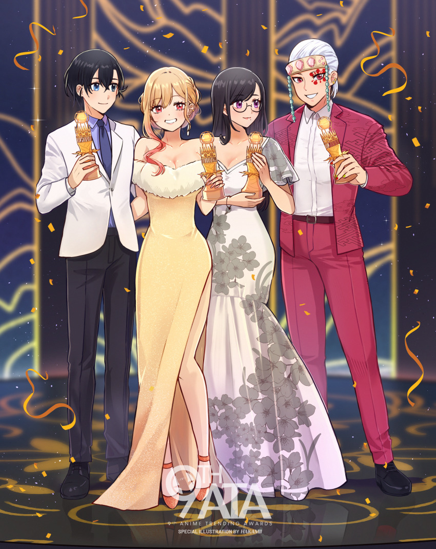 2boys 2girls absurdres ajiro_shinpei alternate_costume black-framed_eyewear black_eyes black_footwear black_pants blonde_hair blue_eyes breasts cleavage closed_mouth collared_shirt commentary confetti crossover dress earrings english_commentary english_text facial_mark floral_print formal_clothes full_body glasses grey_hair hair_between_eyes hakamii heterochromia high_heels highres holding holding_trophy jacket jewelry kimetsu_no_yaiba kitagawa_marin large_breasts long_hair long_sleeves looking_at_viewer medium_breasts minakata_hizuru multiple_boys multiple_girls necktie pants purple_eyes red_eyes red_jacket red_pants shirt shoes short_hair short_sleeves smile sono_bisque_doll_wa_koi_wo_suru stage standing suit suit_jacket summertime_render trophy uzui_tengen white_dress white_jacket white_shirt yellow_dress