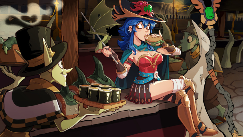 1girl 2boys alaynakgray armor armored_boots bandages bat_wings belt belt_buckle blue_hair bone boots breasts buckle burger cape cave cave_interior city colored_skin commentary commission dang_(runescape) duellist&#039;s_cap_(tier_6) earrings eating english_commentary fast_food fingerless_gloves food food_bite food_stand full_body gladiator gloves goblin gold_trim greaves green_belt green_cape green_skin hat highres holding holding_burger holding_food holding_skewer jewelry lamppost large_ears leotard long_hair long_pointy_ears mage_staff market market_stall meat medium_breasts multiple_boys multiple_earrings old_school_runescape original pointy_ears poleyn red_leotard runescape shish_kebab sitting skewer smile soup soup_ladle staff_of_armadyl_(runescape) sun_symbol sushi top_hat underground weapon wings wooden_tray yellow_eyes