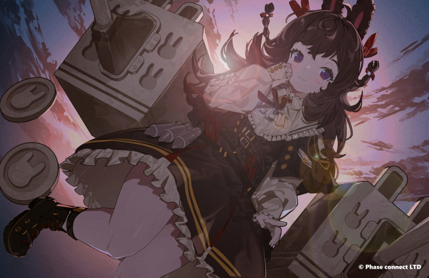 1girl ahoge animal_ears backlighting black_boots black_capelet black_dress boots braid cannon capelet center_frills commission dress dutch_angle evening frilled_sleeves frills grin hair_ribbon highres legs long_sleeves looking_at_viewer neck_ribbon official_alternate_costume official_alternate_hair_color petticoat phase_connect pipkin_pippa pipkin_pippa_(shipkin_shippa) purple_eyes rabbit_ears rabbit_girl red_ribbon ribbon rigging sen-jou sleeves_past_wrists smile solo thighs virtual_youtuber