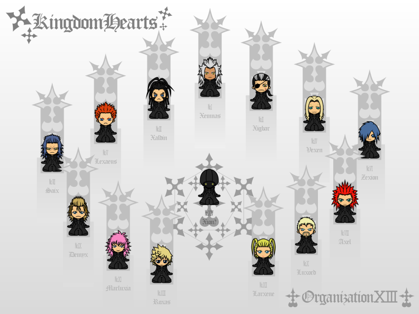1girl 6+boys :3 artist_request axel black_coat_(kingdom_hearts) black_hair blonde_hair blue_eyes blue_hair character_name chibi demyx disney earrings everyone eyepatch facial_hair facial_mark gradient_background green_eyes grey_hair hair_over_one_eye highres jewelry kingdom_hearts larxene lexaeus lips long_hair luxord marluxia multicolored_hair multiple_boys orange_hair pink_hair ponytail red_hair roxas saix scar short_hair sitting smile spiked_hair square_enix two-tone_hair vexen xaldin xemnas xigbar xion_(kingdom_hearts) yellow_eyes zexion