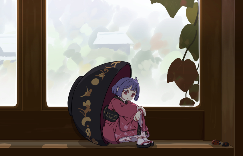 1girl :o absurdres ahoge ankle_socks backlighting black_sandals black_trim bob_cut bowl bug commentary_request day highres hugging_own_legs indoors insect japanese_clothes kame_(kamepan44231) kimono ladybug medium_hair mini_person minigirl obi okobo on_floor parted_lips plant platform_sandals purple_hair red_eyes red_kimono revision sandals sash sitting skirt_under_kimono socks solo sukuna_shinmyoumaru touhou vines white_socks wide_sleeves window window_shadow windowsill
