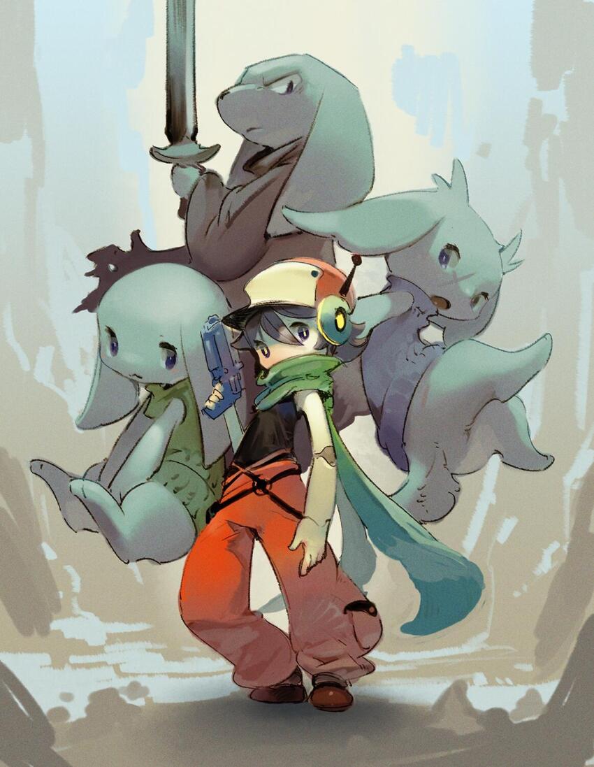 2boys 2girls animal_ears baseball_cap black_eyes black_hair black_shirt blue_sweater breasts cargo_pants cave colored_skin covered_mouth doukutsu_monogatari from_side full_body green_scarf green_sweater gun hat highres holding holding_gun holding_sword holding_weapon king_(doukutsu_monogatari) long_sleeves looking_at_viewer looking_down mechanical_arms medium_breasts mimiga multiple_boys multiple_girls murayama_ryota pants quote_(doukutsu_monogatari) radio_antenna red_pants robot_boy rock sakamoto_sue scar scar_on_face scarf shirt sitting standing sweater sword toroko weapon white_fur white_skin