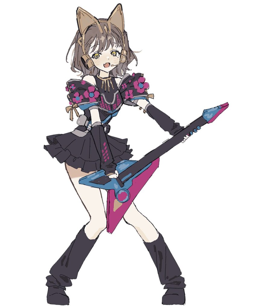 0e0n0_2 1girl animal_ears black_dress brown_hair cat_ears dress frilled_dress frills gloves guitar headset highres holding holding_instrument instrument kamen_rider kamen_rider_geats_(series) kamen_rider_na-go kurama_neon looking_at_viewer microphone open_mouth simple_background solo white_background