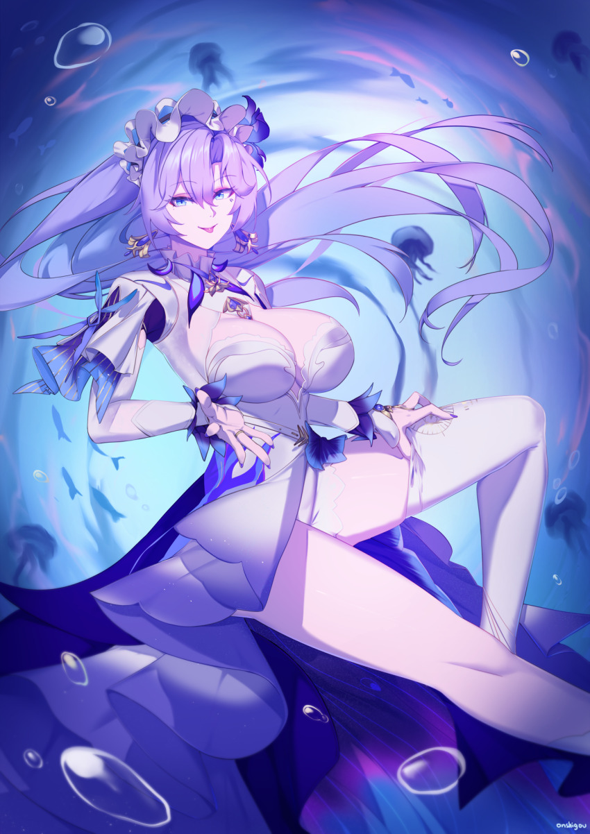 1girl :p blue_eyes blue_flower breasts bubble cantarella_(wuthering_waves) commentary dress earrings facial_mark fingernails floating_hair flower hair_between_eyes hair_flower hair_ornament headdress highres jellyfish jewelry large_breasts looking_at_viewer mark_under_eye nail_polish offering_hand onshigou purple_hair purple_nails shorts shrug_(clothing) signature single_thighhigh smile solo thighhighs thighs tongue tongue_out white_dress white_shorts white_shrug white_thighhighs wuthering_waves