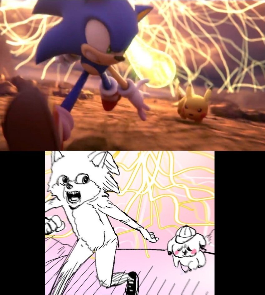 3d detective_pikachu_(character) detective_pikachu_(movie) detective_pikachu_(series) game_freak gen_1_pokemon hat nintendo no_humans pikachu pokemon pokemon_(creature) running sonic_(series) sonic_the_hedgehog super_smash_bros. tagme