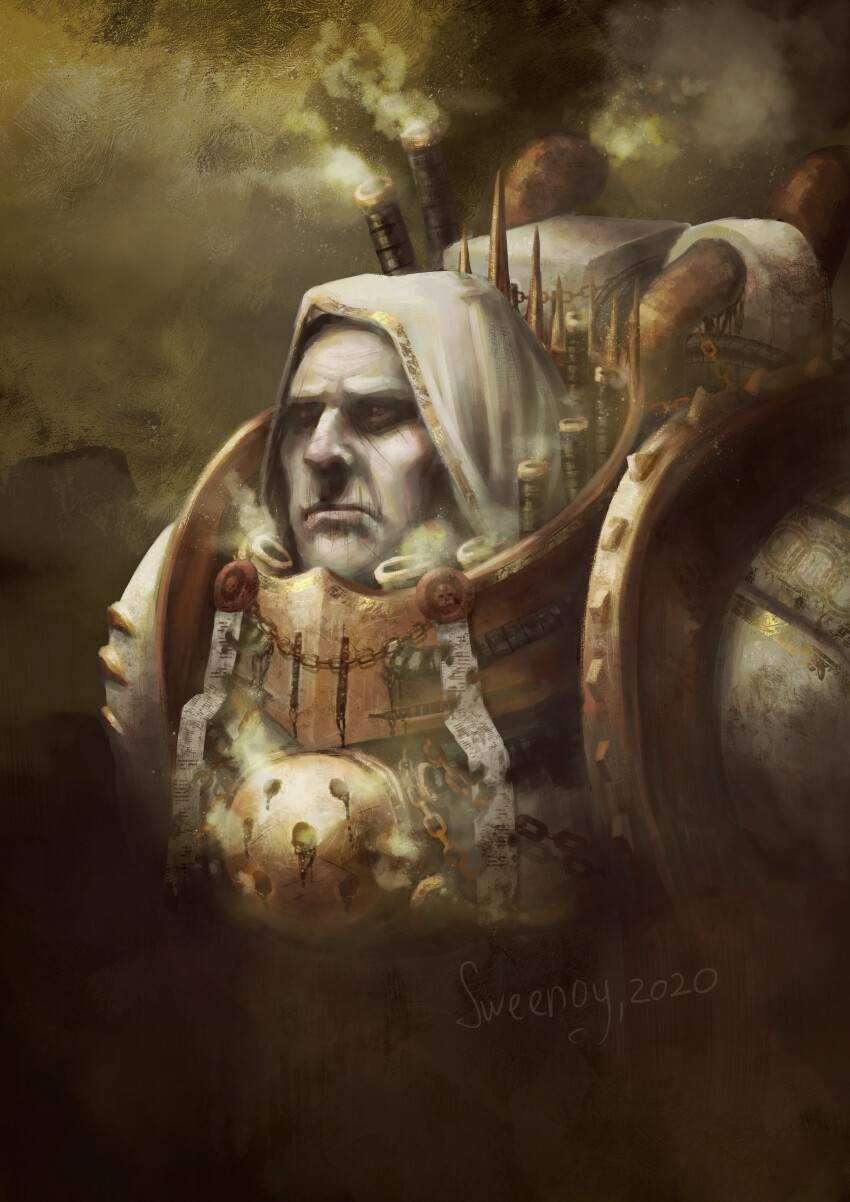 1boy 2020 absurdres armor artist_name breastplate censer chain closed_mouth colored_smoke commentary death_guard english_commentary grey_armor highres male_focus mortarion oil_painting_(medium) ornate_armor painting_(medium) pale_skin pauldrons power_armor primarch purity_seal scar scar_on_face shoulder_armor simple_background skull_ornament smoke sweenoy traditional_media upper_body warhammer_40k white_hood