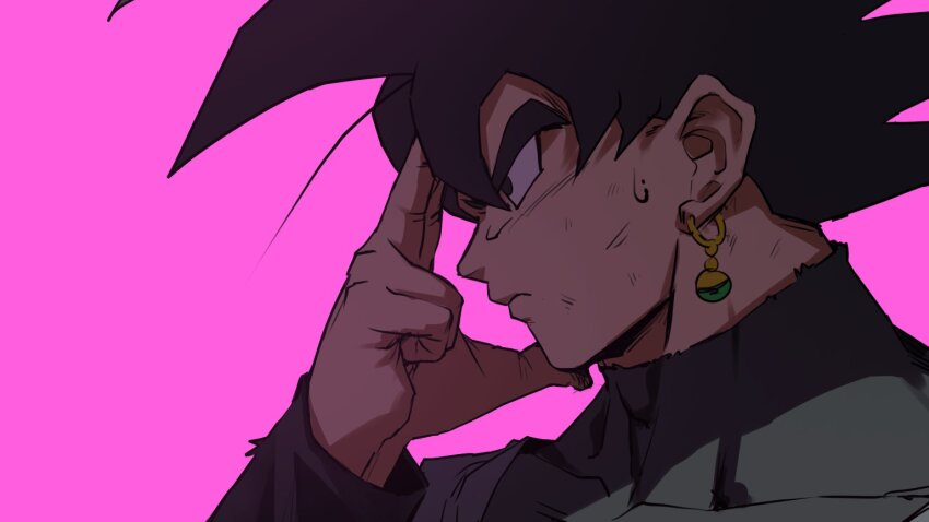 1boy black_hair black_shirt dougi dragon_ball dragon_ball_super earrings finger_on_forehead from_side goku_black horang4628 jewelry male_focus medium_hair potara_earrings profile purple_background shirt simple_background solo spiked_hair upper_body