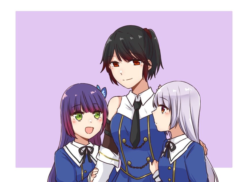3girls :d aged_down alternate_hair_length alternate_hairstyle arm_at_side assault_lily bare_shoulders black_hair black_necktie black_ribbon blue_jacket blue_shirt blush border breasts butterfly_hair_ornament clothes_grab collared_shirt commentary detached_sleeves flower funada_kiito funada_ui green_eyes grey_hair hair_flower hair_ornament hand_on_another&#039;s_arm hand_on_another&#039;s_back hand_up high_ponytail jacket layered_sleeves long_hair long_sleeves looking_at_another looking_down looking_to_the_side looking_up medium_breasts mole mole_under_eye multiple_girls nagasawa_yuki_(assault_lily) neck_ribbon necktie nigari_(ngari_0115) odaiba_girls_high_school_uniform open_mouth outside_border pink_flower ponytail profile purple_background purple_eyes purple_hair red_eyes ribbon school_uniform shirt short_hair short_ponytail siblings side-by-side sideways_glance simple_background sisters sleeveless sleeveless_shirt smile standing two-tone_shirt upper_body white_border white_shirt