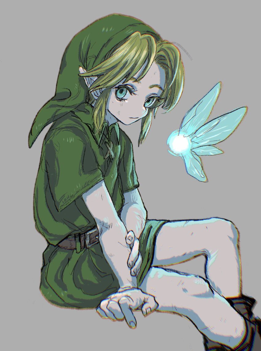 1boy 9i9le belt blonde_hair blue_eyes boots child chromatic_aberration closed_mouth eyelashes glowing green_hat green_tunic grey_background hat highres holding_own_arm link male_focus navi nintendo pointy_ears sidelocks simple_background sitting solo the_legend_of_zelda the_legend_of_zelda:_ocarina_of_time tunic young_link