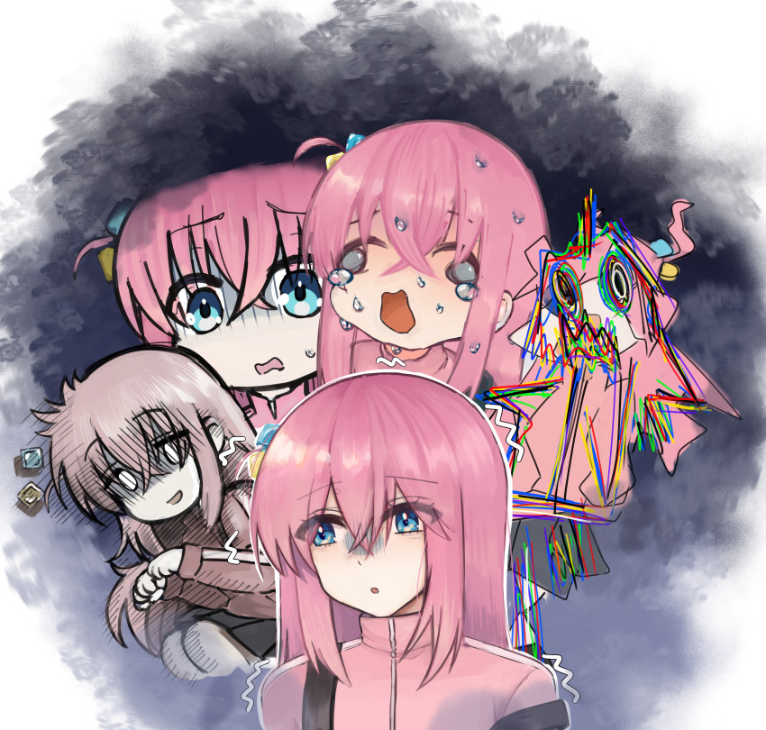 1girl absurdres blue_eyes bocchi_the_rock! cube_hair_ornament gotoh_hitori hair_between_eyes hair_ornament hair_over_eyes highres jacket long_hair one_side_up pink_hair pink_jacket rosumini solo tearing_up track_jacket