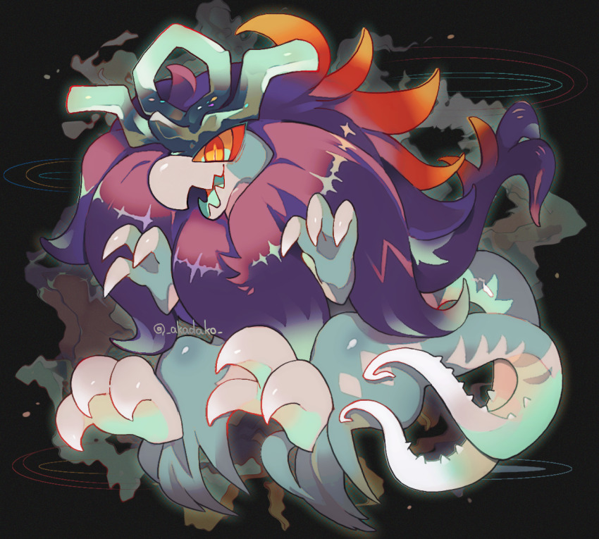 akadako animal_focus artist_name bags_under_eyes black_background claws colored_sclera dinosaur full_body hands_up looking_at_viewer multicolored_eyes multiple_tails neck_fur nintendo no_humans open_mouth orange_eyes pokemon pokemon_(creature) red_sclera sharp_teeth signature slit_pupils solo tail teeth twitter_username walking_wake yellow_eyes