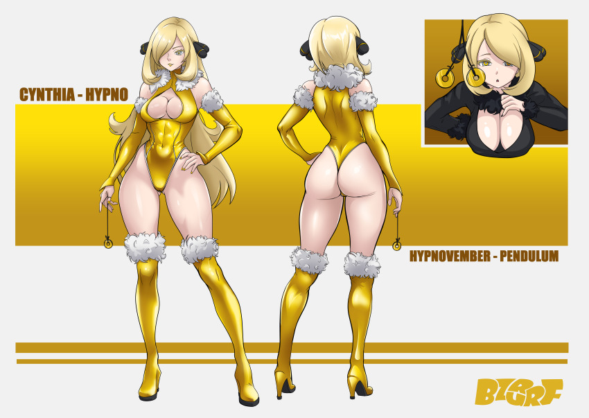 1girl :o absurdres artist_name ass black_nails blonde_hair boots breasts bzurrf cleavage cleavage_cutout clothing_cutout cosplay covered_navel cynthia_(pokemon) detached_sleeves fur-trimmed_boots fur-trimmed_sleeves fur_collar fur_trim gen_1_pokemon hair_ornament hair_over_one_eye high_heel_boots high_heels highleg highleg_leotard highres holding holding_pendulum hypno hypno_(cosplay) hypnosis large_breasts leotard long_hair medium_hair mind_control multiple_views nintendo parted_lips pendulum pokemon pokemon_dppt ringed_eyes standing very_long_hair yellow_leotard
