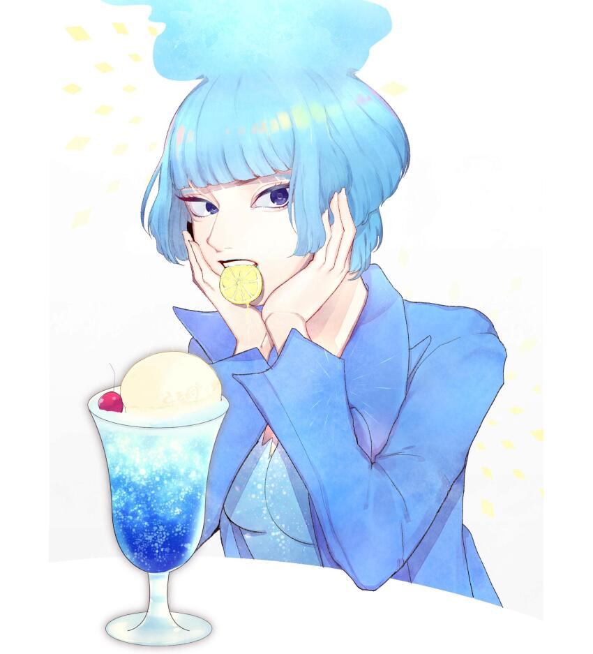 1girl black_gloves blue_fire blue_hair blue_lips closed_mouth disney disneyland fiery_hair fire food formal_clothes fruit gloves hades_(disney) hercules_(1997_film) highres lemon lemon_slice lipstick long_sleeves looking_at_viewer makeup ms._hades parfait rl10_02 solo suit