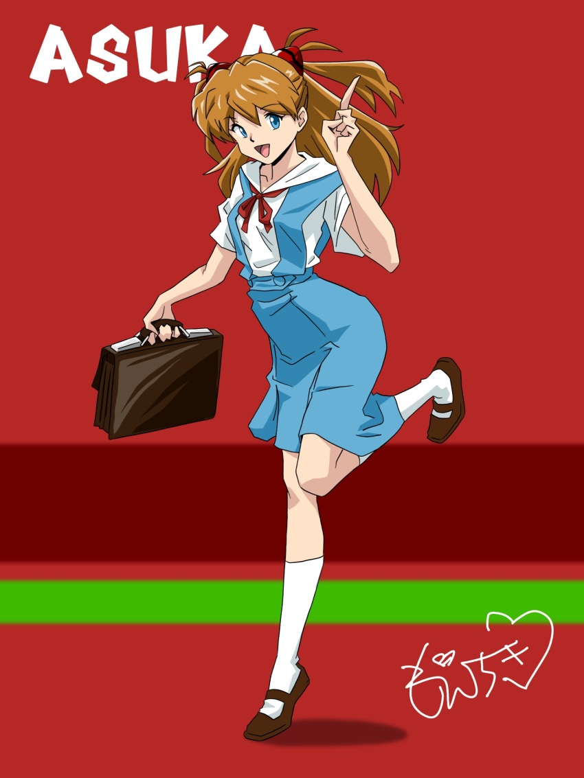 1girl artist_request ass bag breasts brown_hair character_name cowboy_shot full_body hair_between_eyes hair_ornament highres holding holding_bag index_fingers_raised interface_headset_(evangelion) jumping long_hair looking_at_viewer moechiki neon_genesis_evangelion open_mouth red_background school_bag school_uniform simple_background skirt small_breasts smile solo souryuu_asuka_langley standing suspender_skirt suspenders tokyo-3_middle_school_uniform twintails two_side_up very_long_hair