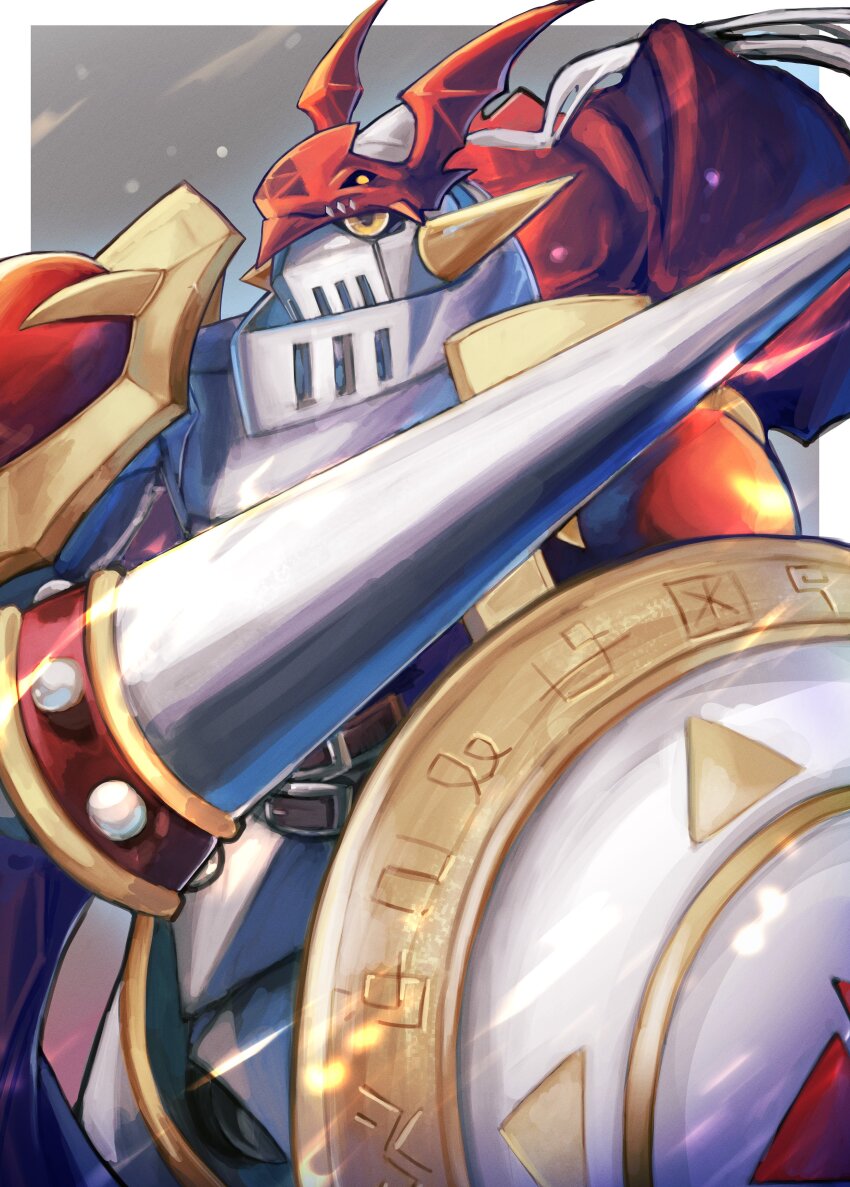 1boy absurdres armor arupg border digimon digimon_(creature) dukemon grey_background helmet highres holding holding_polearm holding_shield holding_weapon knight lance polearm red_armor shield shoulder_armor solo weapon white_armor white_border white_helmet yellow_eyes