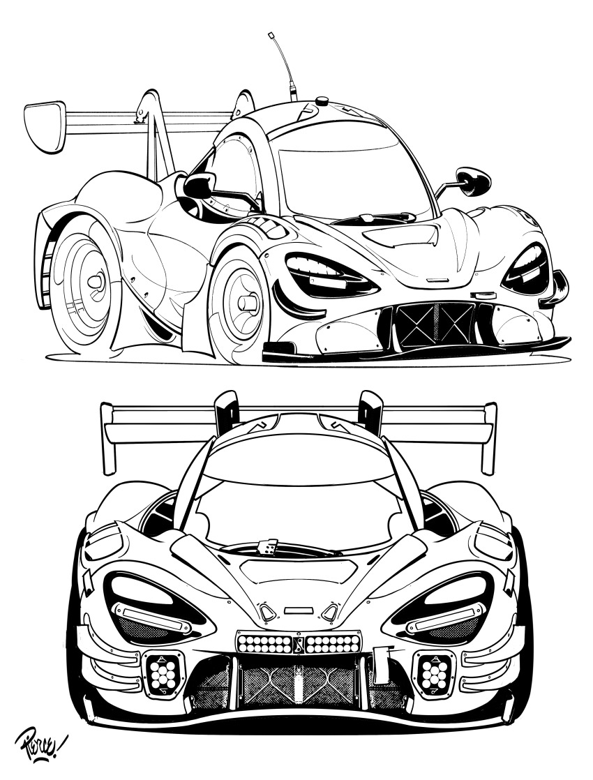 absurdres artist_name car chibi greyscale highres lineart mclaren mclaren_720s monochrome motor_vehicle multiple_views no_humans race_vehicle racecar radio_antenna shadow simple_background straight-on vehicle_focus white_background will_pierce world_endurance_championship