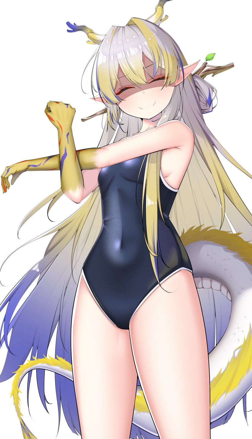 1girl ^_^ absurdres alternate_costume angry arknights black_one-piece_swimsuit blonde_hair breasts closed_eyes colored_extremities commentary covered_navel cowboy_shot cross-body_stretch dragon_girl dragon_horns dragon_tail facing_viewer false_smile forced_smile grey_hair hair_between_eyes hair_intakes highres horns long_hair multicolored_hair one-piece_swimsuit outstretched_arm pointy_ears purple_hair shaded_face shu_(arknights) simple_background small_breasts smile solo standing stretching swimsuit tail tarako_(mentaitarasupa) very_long_hair white_background
