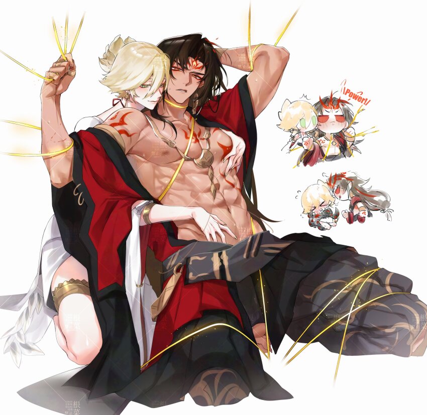 2boys absurdres asura_(onmyoji) bishounen black_hair blonde_hair chest_tattoo commentary commentary_request earrings eyeliner facial_mark full_body green_eyes hand_on_another&#039;s_crotch highres jewelry konsai_2 large_pectorals long_hair looking_at_viewer makeup male_focus multicolored_hair multiple_boys muscular muscular_male nail_polish nipples onmyoji pectoral_grab pectorals red_eyeliner red_hair red_tattoo short_hair simple_background skinny streaked_hair taishakuten_(onmyoji) tattoo teeth two-tone_hair white_background yaoi