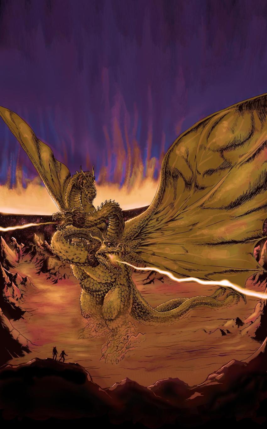 2boys alien astronaut bill_couture breath_weapon breathing_lightning conjoined dragon energy energy_beam fuji_kazuo glenn_amer glowing godzilla_(series) godzilla_vs._monster_zero gravity_beam highres hydra jupiter_(planet) king_ghidorah mane mouth_beam multiple_boys multiple_heads multiple_tails planet planet_x sky space space_monster star_(sky) starry_sky tail toho wings