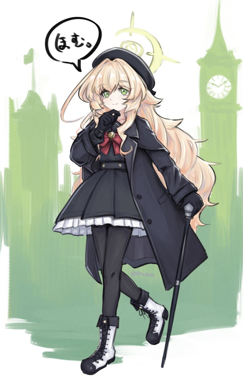 1girl beret black_coat black_gloves black_hat black_pantyhose black_shirt black_skirt blonde_hair blue_archive bow bowtie cane coat elizabeth_tower frilled_skirt frills gloves green_eyes halo hat highres holding holding_cane long_hair long_sleeves open_clothes open_coat pantyhose professor_niyaniya_(blue_archive) red_bow red_bowtie shirt side_ahoge skirt smile solo speech_bubble tomare_(akashingou) translation_request twitter_username very_long_hair yellow_halo