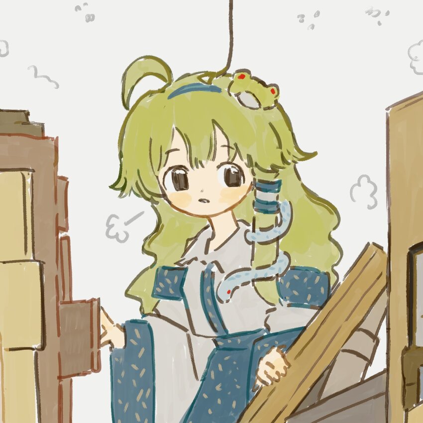1girl ahoge bare_shoulders blue_hairband blue_skirt blush_stickers collared_shirt detached_sleeves dot_nose double-parted_bangs frog_hair_ornament green_hair hair_ornament hair_tubes hairband highres kochiya_sanae long_hair long_sleeves neruzou patterned_clothing print_skirt puff_of_air shirt simple_background single_hair_tube single_sidelock skirt skirt_set sleeveless sleeveless_shirt snake_hair_ornament solo touhou upper_body white_background wide_sleeves