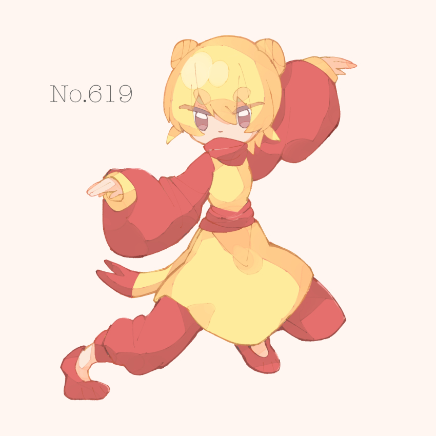 1girl blonde_hair commentary_request covered_mouth double_bun dress flats full_body gen_5_pokemon hair_between_eyes hair_bun highres kung_fu mienfoo nintendo okojyonote outstretched_arms personification pokedex_number pokemon puffy_sleeves short_hair simple_background sleeves_past_wrists solo spread_arms thick_eyebrows yellow_dress