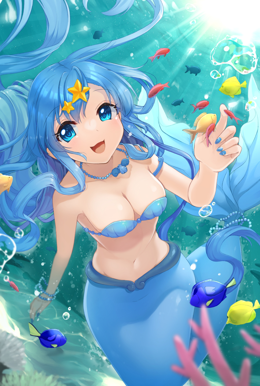 1girl :d air_bubble armlet bare_shoulders bikini blue_eyes blue_hair blue_nails bracelet breasts bubble cleavage collarbone commentary_request dutch_angle earrings fish floating forked_tail groin hair_between_eyes hair_ornament hand_up highres houshou_hanon houshou_hanon_(mermaid) jewelry light_rays long_hair looking_at_viewer medium_breasts mermaid mermaid_melody_pichi_pichi_pitch monster_girl nail_polish navel necklace open_mouth pearl_bracelet shell shell_bikini shell_necklace sidelocks smile solo star_(symbol) star_earrings star_hair_ornament stomach suama_(pixiv10592745) surgeonfish tail tail_ornament underwater